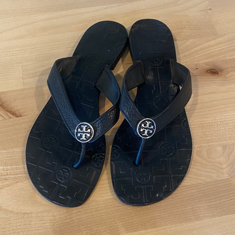 Tory Burch Black Sandals with Logo Emblem